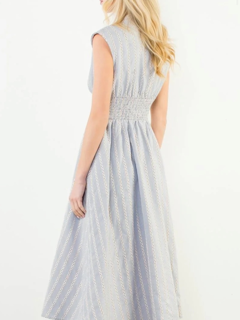 THML Light Blue Sleeveless Maxi with Smocked Waist, Rosettes and Eyelet Stripes